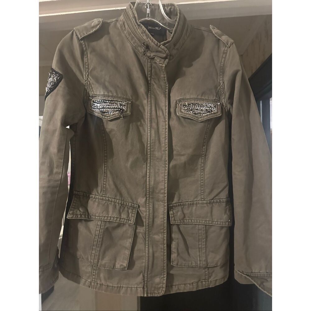 Miss Me Olive Green Military Jacket Sequin Embellished Moto Utility Coat Medium